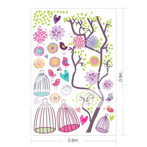 Large Bird Cage Flower Tree Colorful Kids Wall Decals Stickers Vinyl Removable